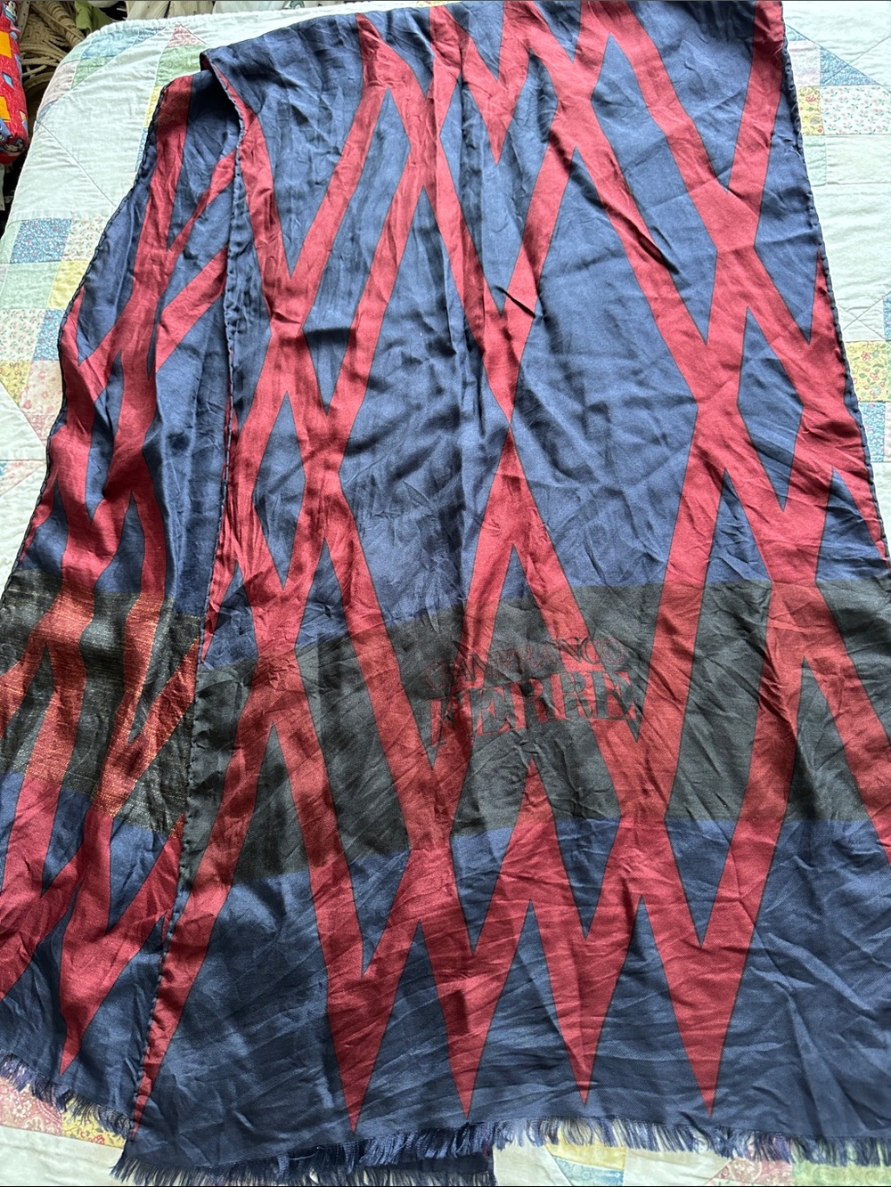 X—Gianfranco Ferré Navy and Burgundy Geometric scarf